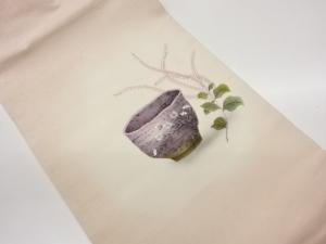 作家物　結城紬手描き茶器・花葉模様名古屋帯